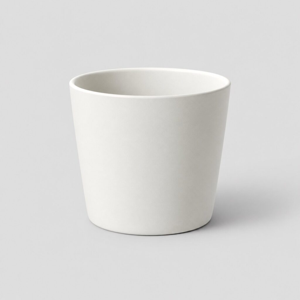 Cache-pot blanc mat en grès émaillé, forme ronde conique, sur fond gris clair