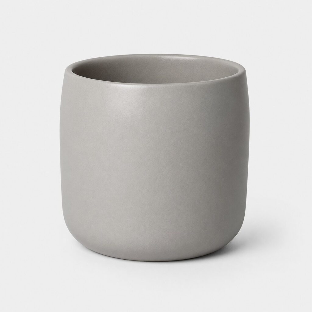 Cache-pot d'intérieur en grès émaillé gris clair, forme cylindrique, fond neutre
