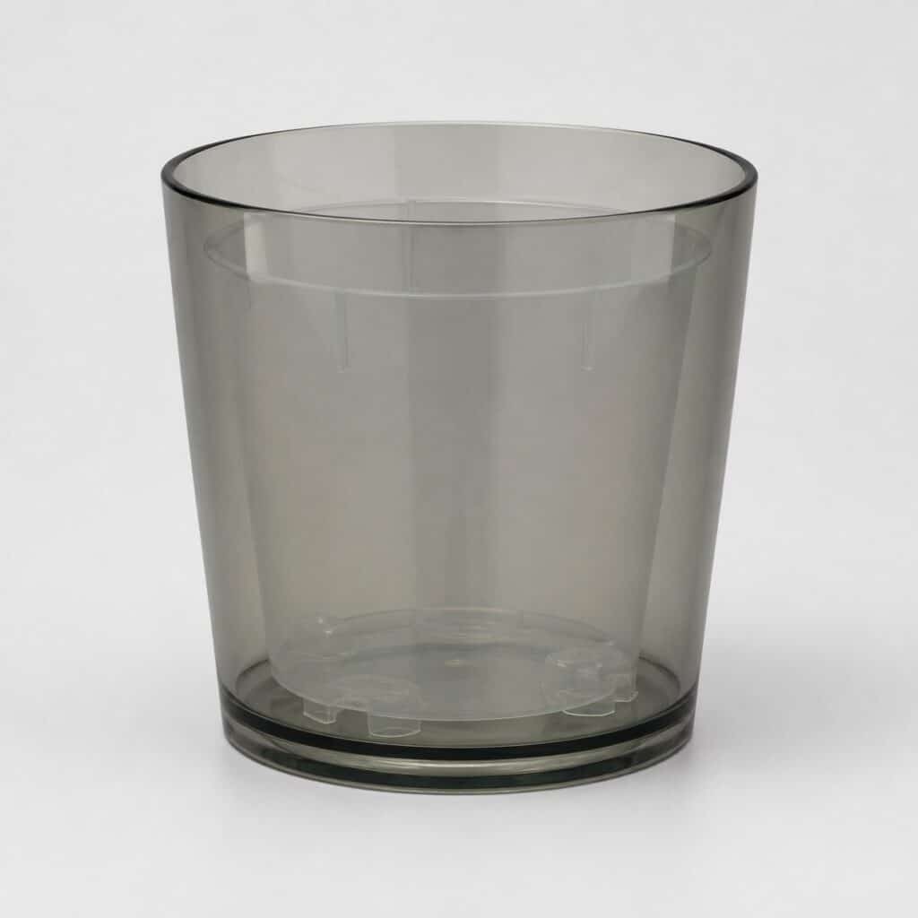 Cache-pot à orchidée en verre translucide, cylindre évasé, sur fond clair