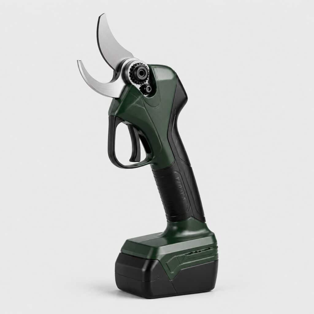 Sécateur électrique d'élagage à tête large, vu de trois quarts sur fond clair