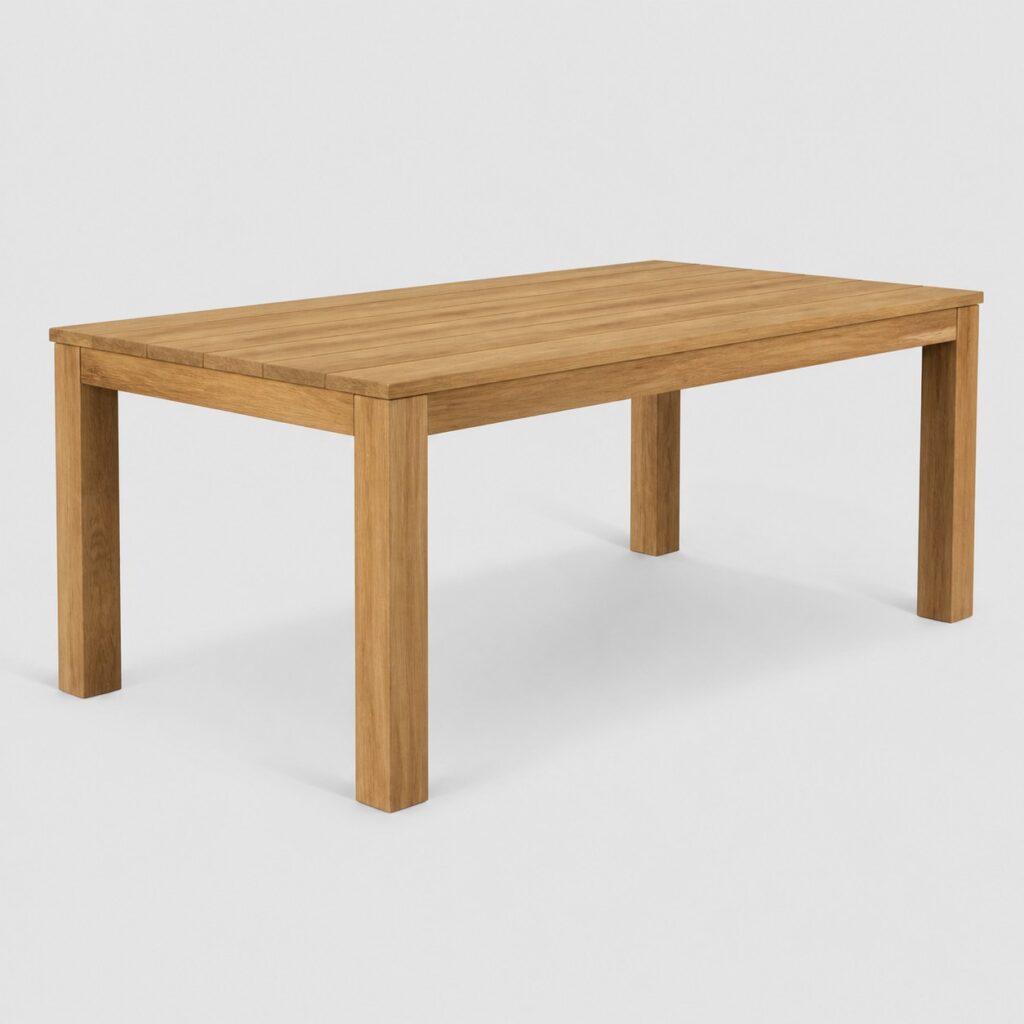 Table de jardin en bois massif ton miel vue de trois quarts sur fond clair