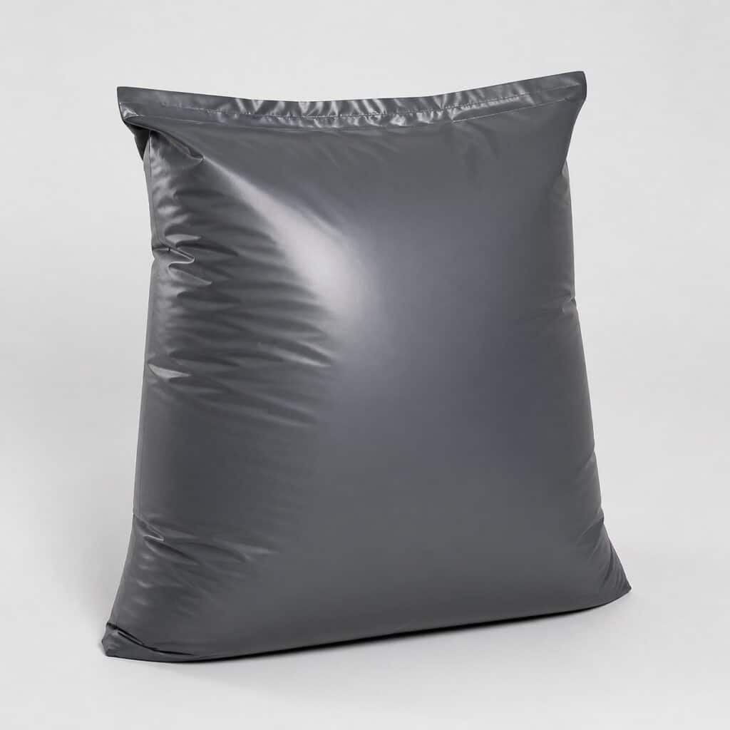 Grand sac de terreau gris foncé rebondi, vue studio de trois quarts