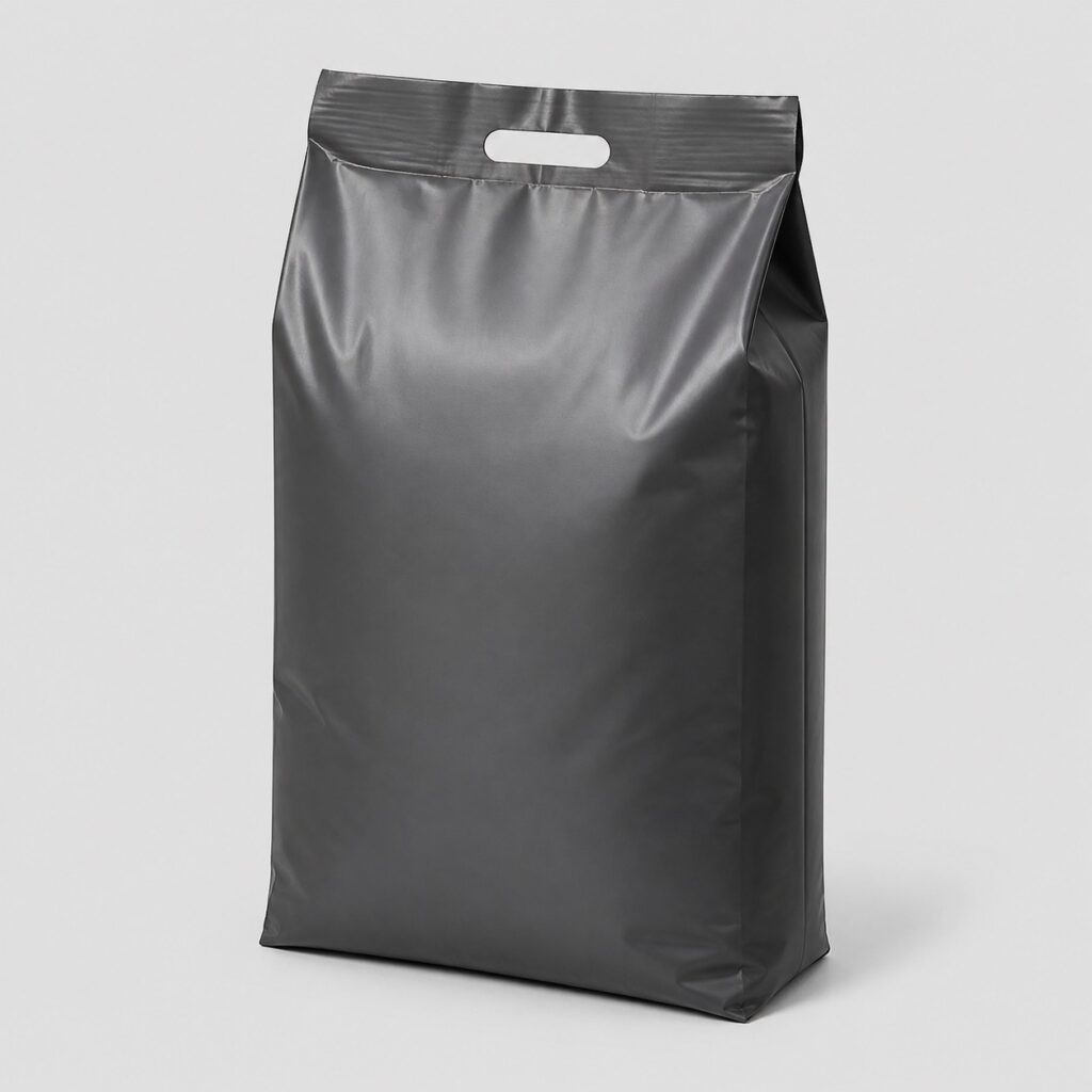 Sac de terreau universel gris anthracite sur fond clair, vue de trois quarts