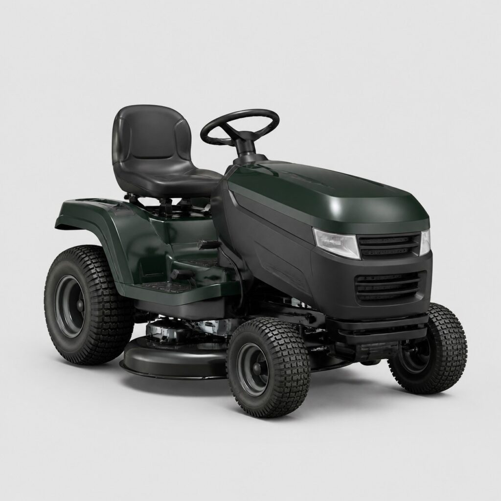 Tondeuse autoportée thermique vert foncé photographiée seule sur fond gris clair