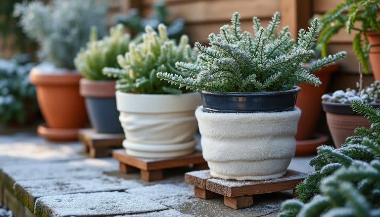 protégez vos pots du gel en hiver : découvrez comment utiliser un voile d’hivernage et surélever vos contenants pour préserver vos plantes.
