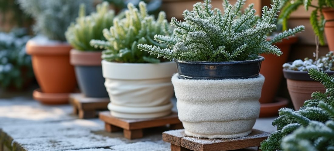 protégez vos pots du gel en hiver : découvrez comment utiliser un voile d’hivernage et surélever vos contenants pour préserver vos plantes.